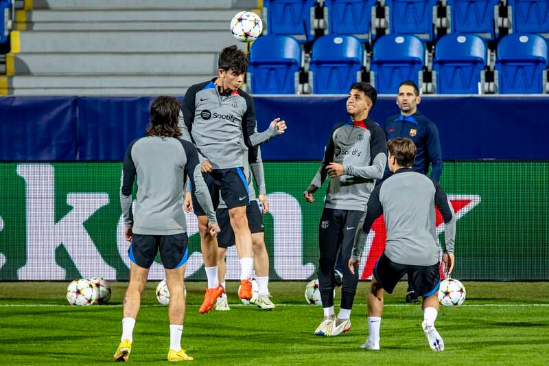 Barcelona players take part in a training session in Plzen, Czech Republic. EPA