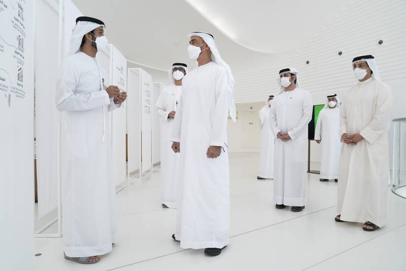 Sheikh Mohamed bin Zayed, Crown Prince of Abu Dhabi and Deputy Supreme Commander of the Armed Forces, third right, in the UAE pavilion at Expo 2020 Dubai. With the Crown Prince are  Sheikh Mansour bin Zayed, Deputy Prime Minister and Minister of Presidential Affairs, right, Sheikh Maktoum bin Mohammed Al Maktoum, Deputy Prime Minister and Minister of Finance, second right, Dr Sultan Al Jaber, Minister of Industry and Advanced Technology, fourth right, and Abdullah Al Marri, Minister of Economy, left.