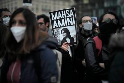 German demonstrators gather in Berlin after the death of Amini in Iranian police custody. AP