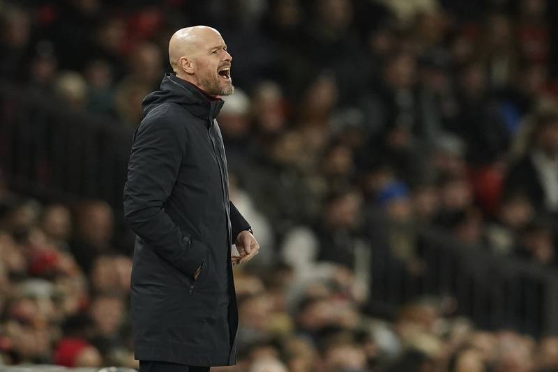 Manchester United coach Erik ten Hag shouts out from the touchline. AP