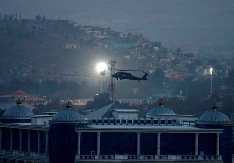A NATO helicopter lands at the Resolute Support headquarters in Kabul. Reuters