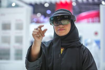 Dubai, United Arab Emirates- Strata virtual reality at Mubadala stand at the Dubai Airshow 2019 day 2 at Maktoum Airport.  Leslie Pableo for the National