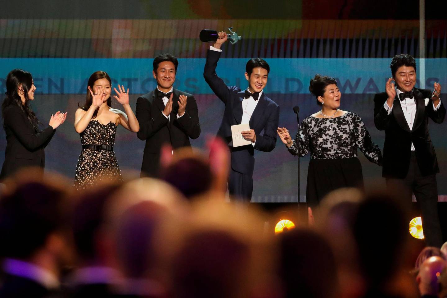 26th Screen Actors Guild Awards - Show - Los Angeles, California, U.S., January 19, 2020 - The cast of "Parasite" accepts the award for Outstanding Performance by a Cast in a Motion Picture. REUTERS/Mario Anzuoni     TPX IMAGES OF THE DAY