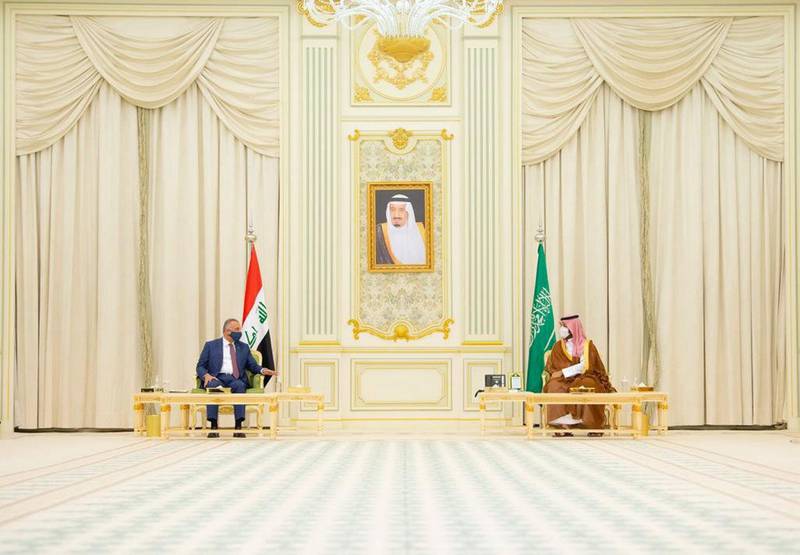 Mr Al Kadhimi holds talks with Prince Mohammed. SPA