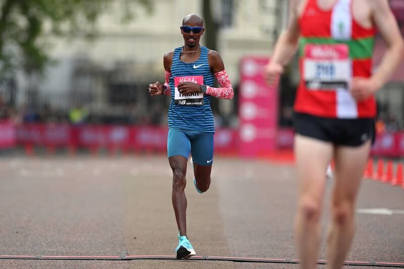 Mo Farah crosses the line in second place during the Vitality London 10,000m. Getty