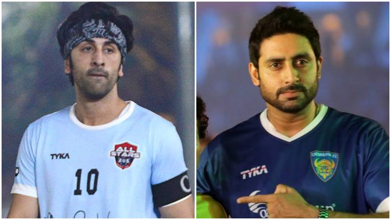 Ranbir Kapoor, left, and Abhishek Bachchan will lead a team of Bollywood stars at a celebrity match for charity. AFP