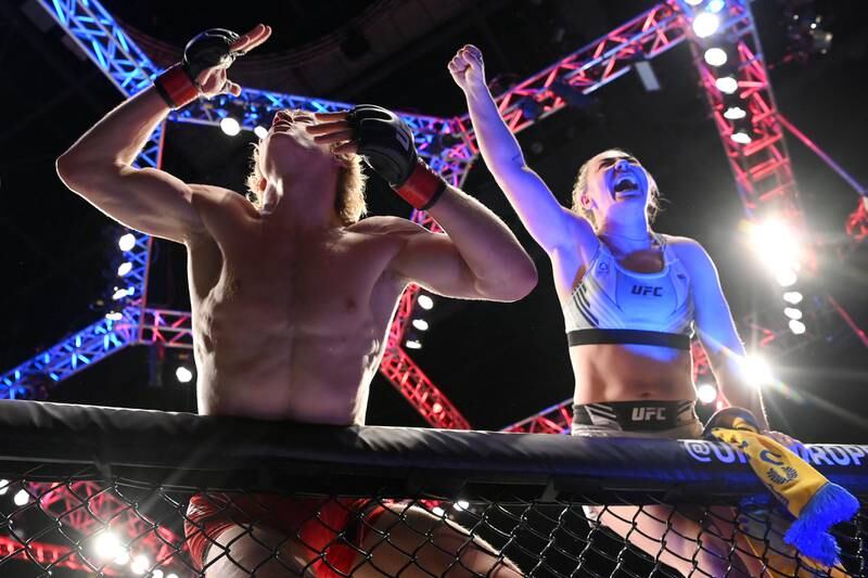 Paddy Pimblett celebrates with Molly McCann after defeating Kazula Vargas at UFC Fight Night. Getty Images
