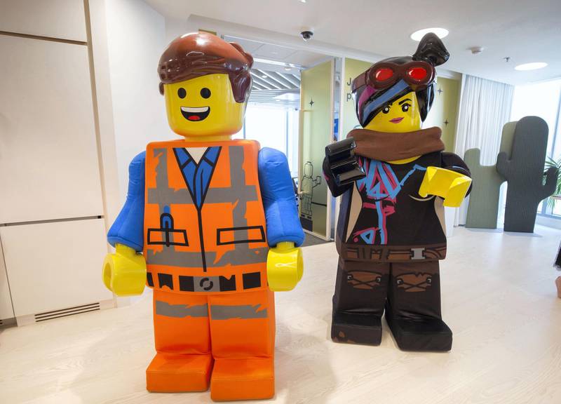 DUBAI, UNITED ARAB EMIRATES - Lego mascots at the opening of the new Lego office in Dubai Design District.  Leslie Pableo for The National