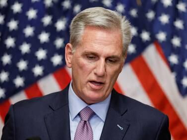Kevin McCarthy speaks after he was removed as speaker in Washington on October 3. Reuters