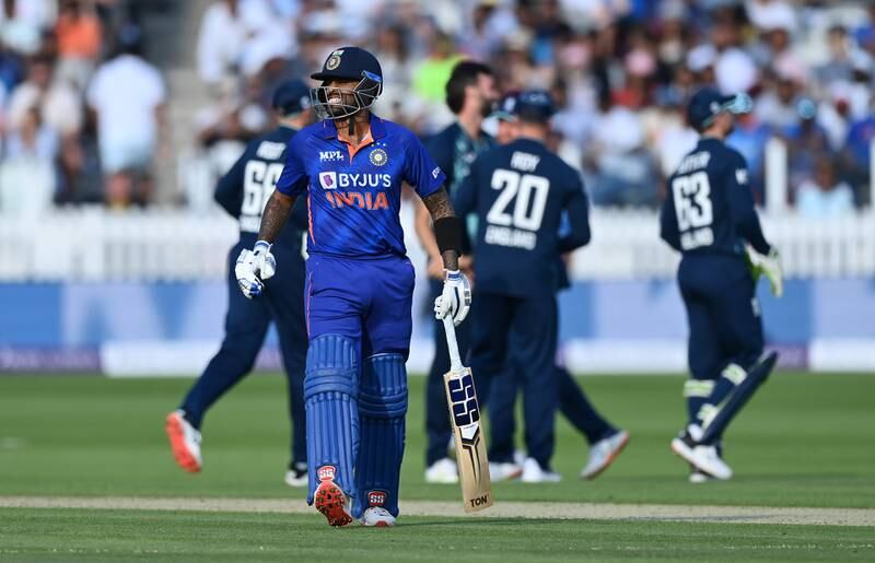 India batsman Suryakumar Yadav walks off after being bowled by Reece Topley of England during the second ODI at Lord's on Thirsday, July, 2022. Getty