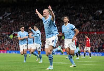 Erling Haaland of Manchester City celebrates after scoring the team's second goal against Manchester United at Old Trafford. Getty