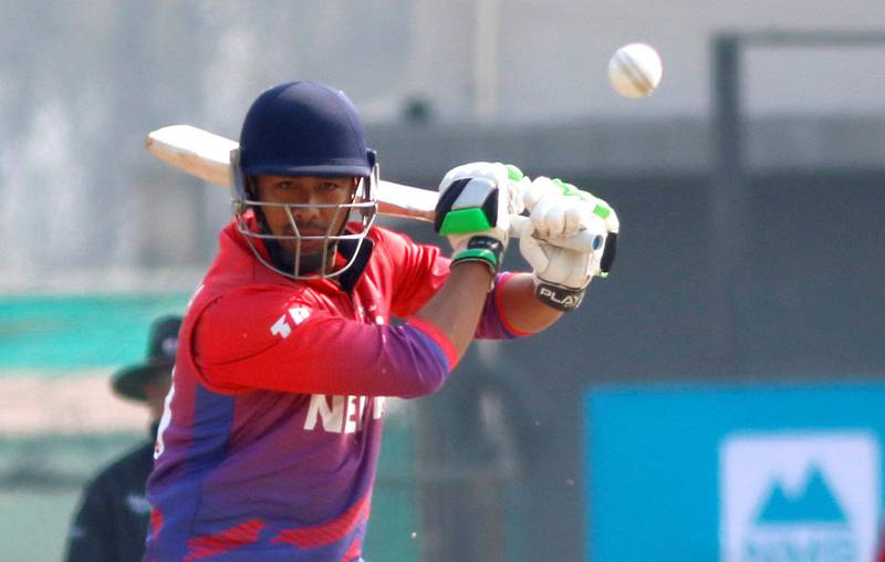 Nepal's captain Gyanendra Malla plays a shot during the ICC Cricket World Cup League 2 match between Oman and Nepal at TU Cricket Stadium on 9 Feb 2020 in Nepal