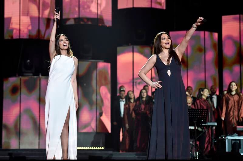 Also on stage was Lebanese singer Elissa (R) pictured with Tawaji.