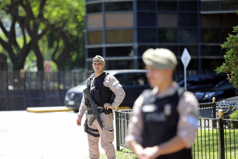Members of Argentina's Naval Prefecture stand guard outside the Saudi Arabian embassy. Reuters