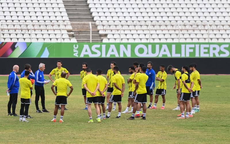 UAE manager Bert van Marwijk speaks to his UAE squad at training.