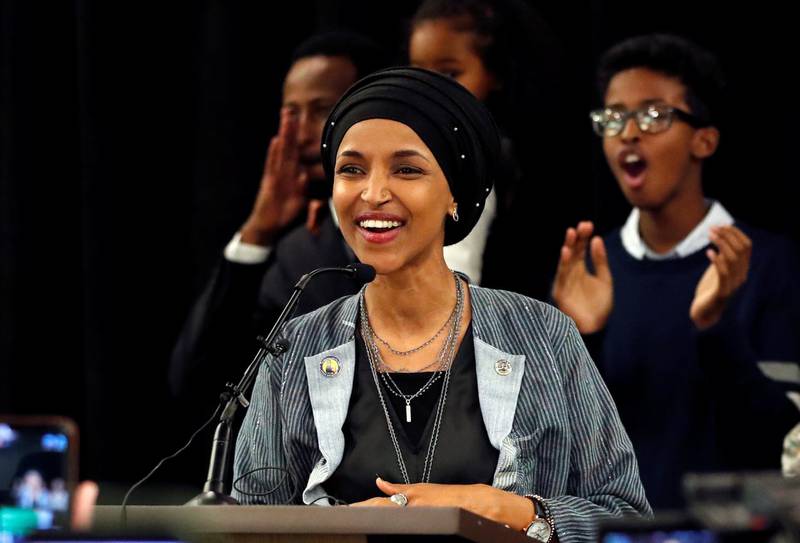 Democratic congressional candidate Ilhan Omar reacts after appearing at her midterm election night party in Minneapolis, Minnesota. Reuters
