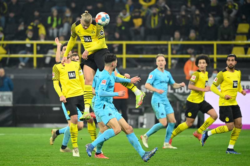 Dortmund forward Erling Haaland scores during the Bundesliga match against Greuther Furth in December, 2021. AFP