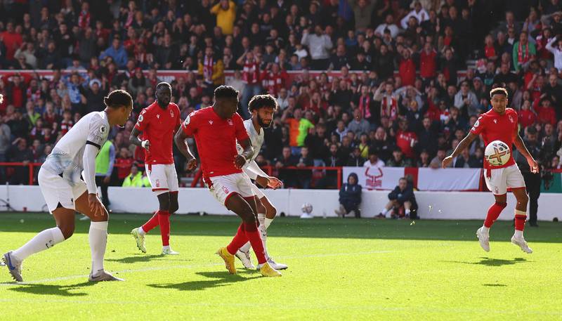 Nottingham Forest's Taiwo Awoniyi scores the winner on Saturday. Reuters