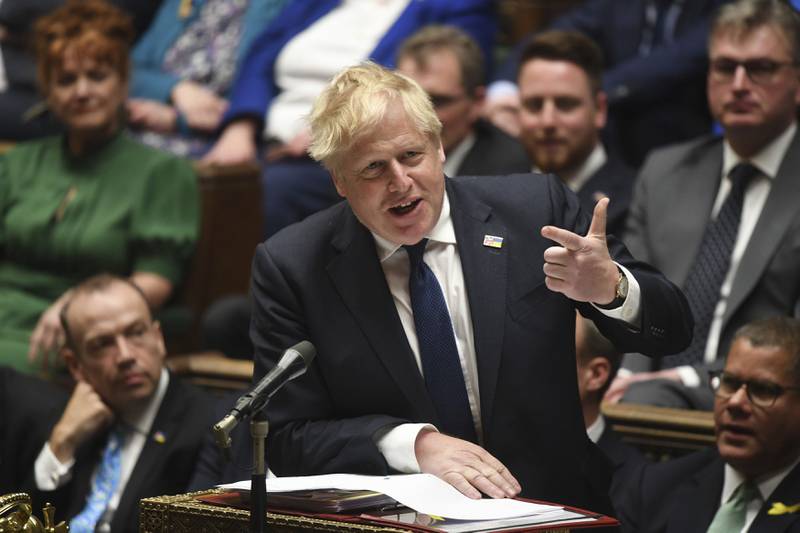 British Prime Minister Boris Johnson addresses the House of Commons in London on April 20. UK Parliament / AP