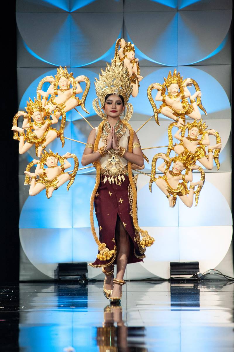 Alyna Somnang, Miss Cambodia 2019 on stage during the National Costume Show at the Marriott Marquis in Atlanta on Friday, December 6, 2019. The National Costume Show is an international tradition where contestants display an authentic costume of choice that best represents the culture of their home country. The Miss Universe contestants are touring, filming, rehearsing and preparing to compete for the Miss Universe crown in Atlanta. Tune in to the FOX telecast at 7:00 PM ET on Sunday, December 8, 2019 live from Tyler Perry Studios in Atlanta to see who will become the next Miss Universe. HO/The Miss Universe Organization