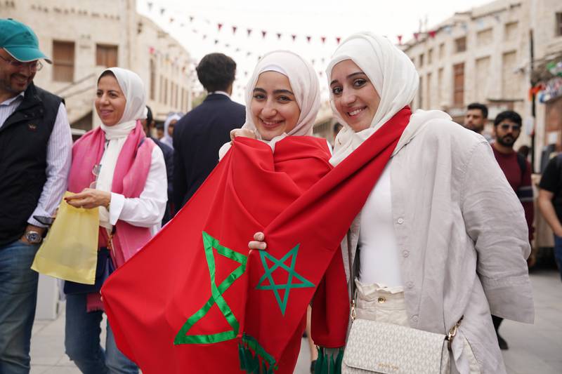 Morocco fans in Souq Waqif in Doha, Qatar. They're hoping to witness their national team secure a spot in the World Cup semi-finals for the first time. PA