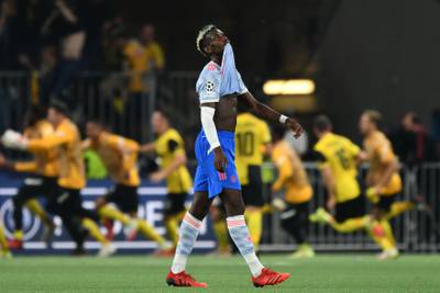 Paul Pogba reacts during Manchester United's 2-1 defeat to Young Boys in Bern in the Champions League group stages in 2021. AFP