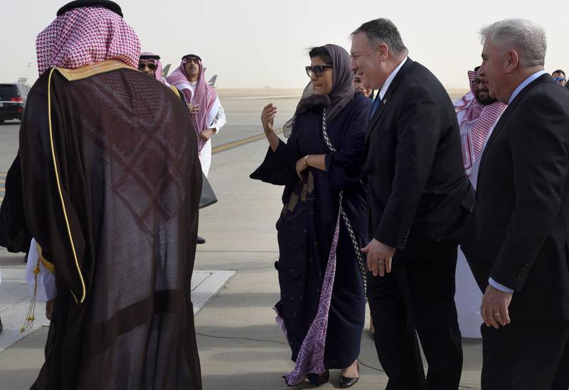 US Secretary of State Mike Pompeo (2nd L) arrives at the King Khalid International Airport in the Saudi capital Riyadh.  AFP