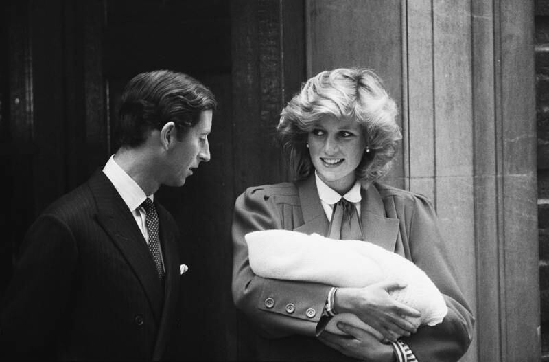 Charles, Prince of Wales and Diana, Princess of Wales leave the Lindo Wing of St Mary's Hospital with their son Prince Harry, in Paddington, London, on September 16, 1984