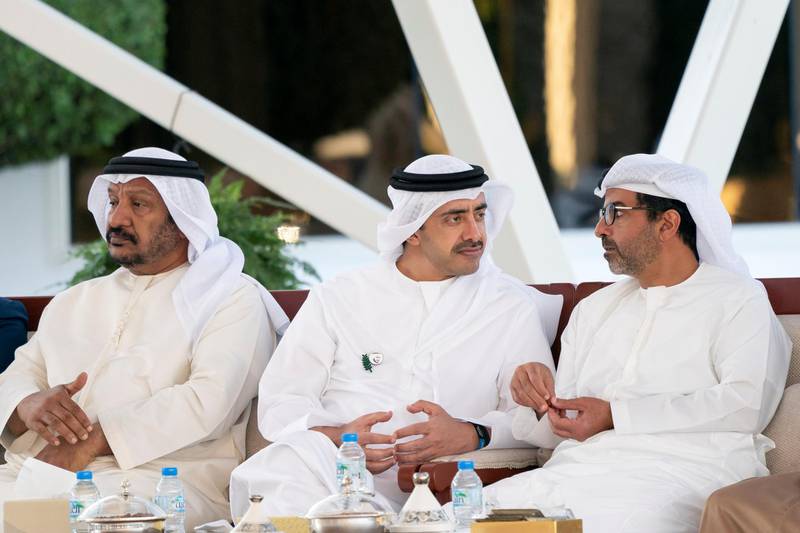 ABU DHABI, UNITED ARAB EMIRATES - December 23, 2019: (L-R) HH Sheikh Saeed bin Mohamed Al Nahyan, HH Sheikh Abdullah bin Zayed Al Nahyan UAE Minister of Foreign Affairs and International Cooperation and HH Sheikh Hamed bin Zayed Al Nahyan, attend a Sea Palace barza.

( Hamad Al Mansoori for the Ministry of Presidential Affairs )​
---