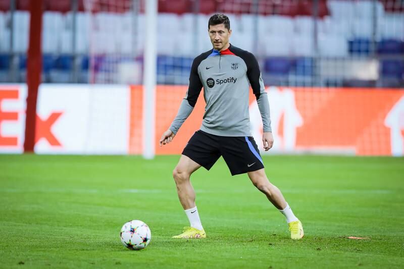 Robert Lewandowski takes part in a training session with Barcelona on Monday, September 12 at the Allianz Arena ahead of the Uefa Champions League Group C match against Bayern Munich. EPA
