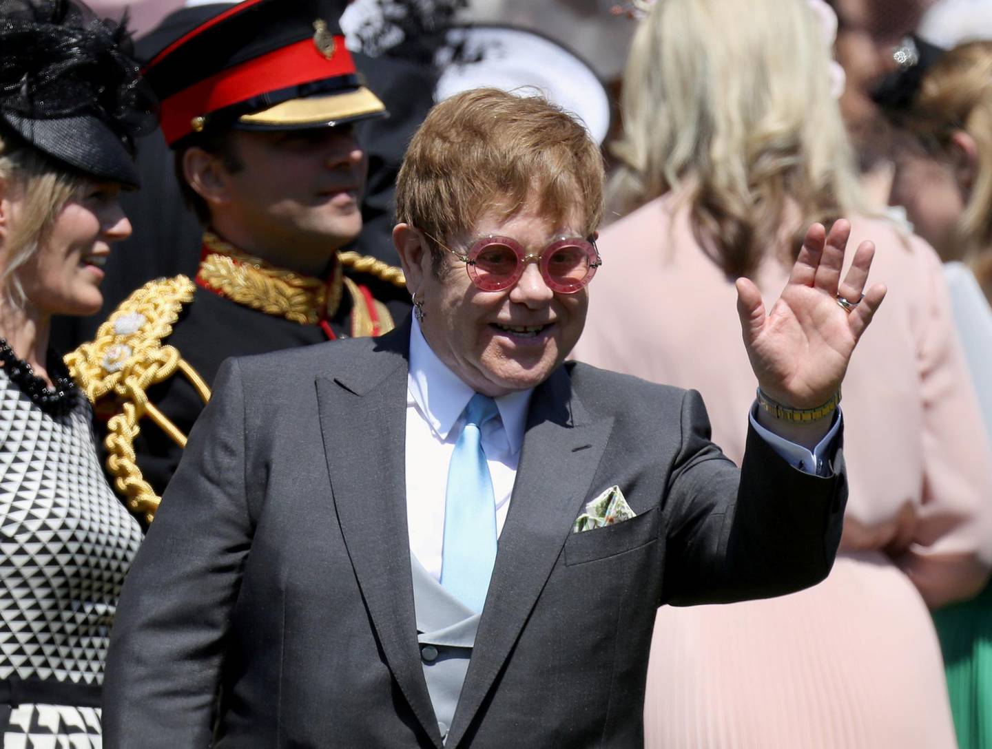 FILE PHOTO: Sir Elton John arrives at the wedding of Prince Harry to Ms Meghan Markle at St George's Chapel, Windsor Castle on May 19, 2018 in Windsor, England. Chris Jackson/Pool via REUTERS/File Photo