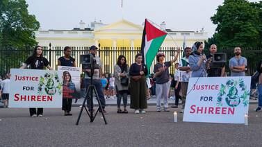 Laila Al Arian speaks outside the White House at a candlelight vigil for Palestinian journalist Shireen Abu Akleh. Willy Lowry / The National