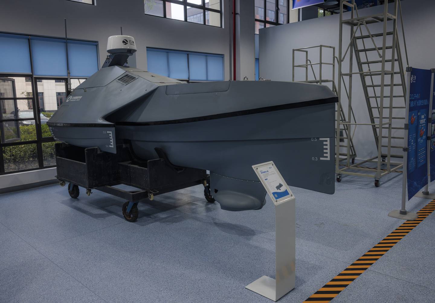 An M80A water surface robot on display in a factory for autonomous boats in Yancheng, Jiangsu province, China. EPA