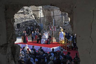 Pope Francis attends a prayer for the victims of the war at Church Square, Mosul. EPA