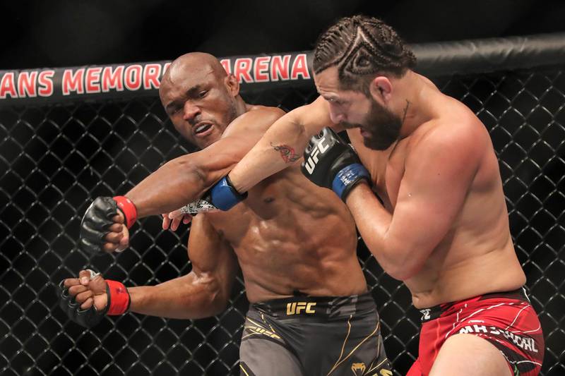 Kamaru Usman (L)  fights Jorge Masvidal in their the welterweight title bout at UFC 261 in Jacksonville, Florida. Getty