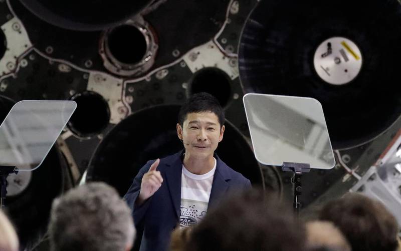 Japanese billionaire Yusaku Maezawa speaks after SpaceX founder and chief executive Elon Musk announced him as the person scheduled to be the first private passenger on a trip around the moon, Monday, Sept. 17, 2018, in Hawthorne, Calif. (AP Photo/Chris Carlson)