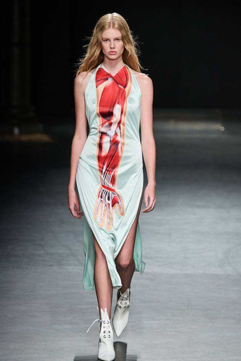 Christopher Kane deep-dived into anatomy with looks covered with images of muscle structures. Photo: Christopher Kane