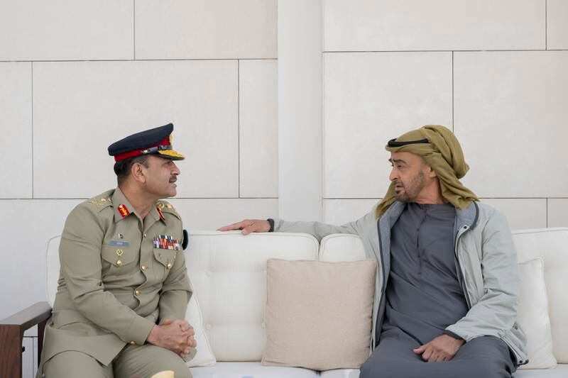 President Sheikh Mohamed bin Zayed meets Gen Asim Munir, Pakistan's chief of army staff. Photo: UAE Presidential Court