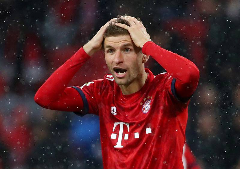 Soccer Football - Bundesliga - Bayern Munich v 1.FSV Mainz 05 - Allianz Arena, Munich, Germany - March 17, 2019  Bayern Munich's Thomas Mueller reacts  REUTERS/Michael Dalder  DFL regulations prohibit any use of photographs as image sequences and/or quasi-video