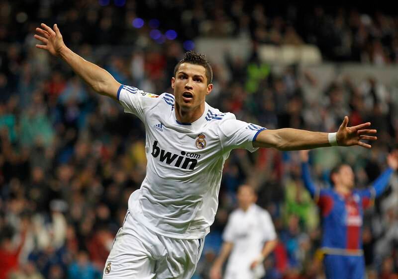 Cristiano Ronaldo of Real Madrid celebrates after scoring his fifth club career hat-trick during the Copa del Rey match against Levante on December 22, 2010. Getty