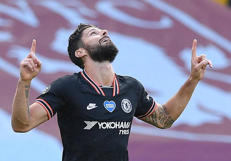 epa08500839 Chelsea's Olivier Giroud reacts after scoring the 1-2 lead during the English Premier League soccer match between Aston Villa and Chelsea FC in Villa Park, Birmingham, Britain, 21 June 2020.  EPA/JUSTIN TALLIS / NMC / AFP POOL EDITORIAL USE ONLY. No use with unauthorized audio, video, data, fixture lists, club/league logos or 'live' services. Online in-match use limited to 120 images, no video emulation. No use in betting, games or single club/league/player publications.