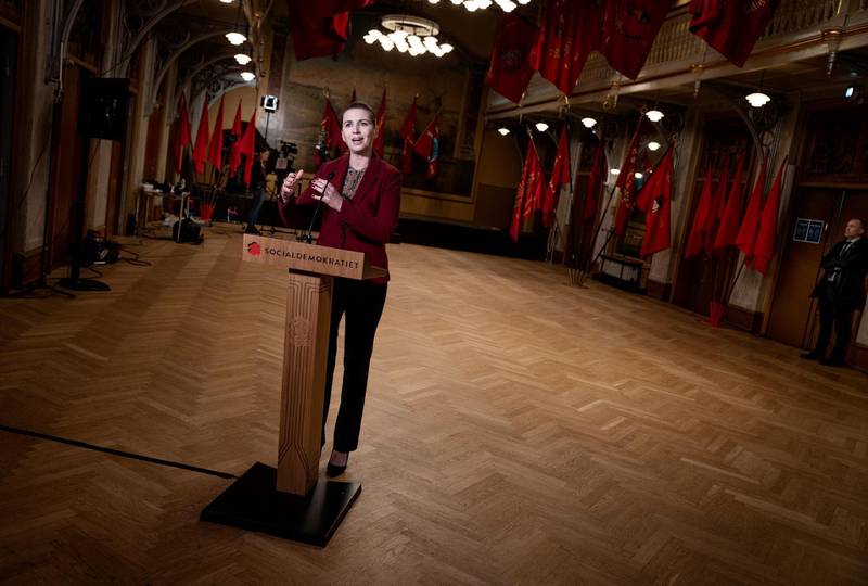 Danish Prime Minister and leader of the Social Democrats, Mette Frederiksen delivers her May Day speech during live broadcasting at the Labour Museum in Copenhagen, Denmark.  EPA