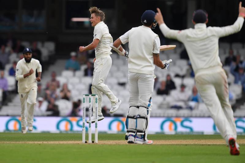 LONDON, ENGLAND - SEPTEMBER 11:  Sam Curran of England celebrates after dismissing Ishant Sharma of India during the Specsavers 5th Test - Day Five between England and India at The Kia Oval on September 11, 2018 in London, England.  (Photo by Mike Hewitt/Getty Images)
