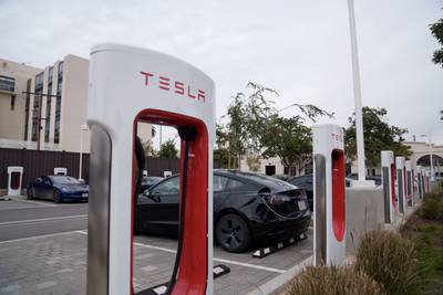 A Tesla Supercharger station in Santa Monica. Bloomberg
