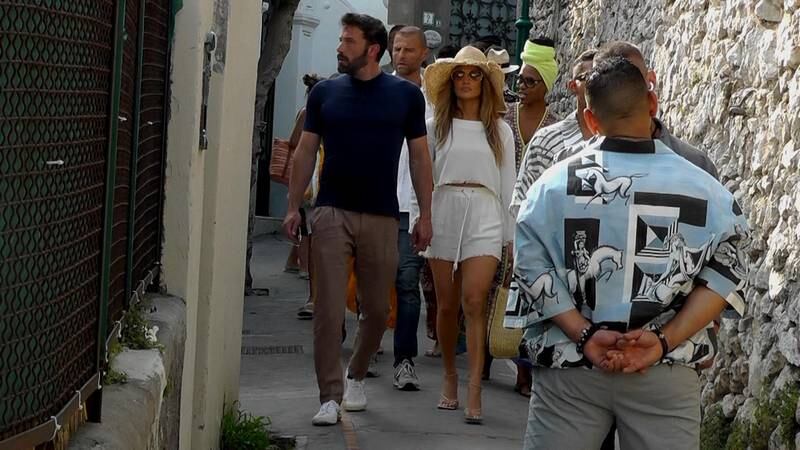 Jennifer Lopez and Ben Affleck walk the streets of Capri, Italy, during a holiday in July 2021. EPA