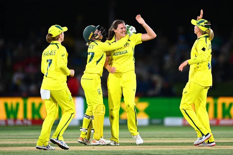 Tahlia McGrath celebrates with Australia teammates after dismissing Sophie Ecclestone of England. Getty
