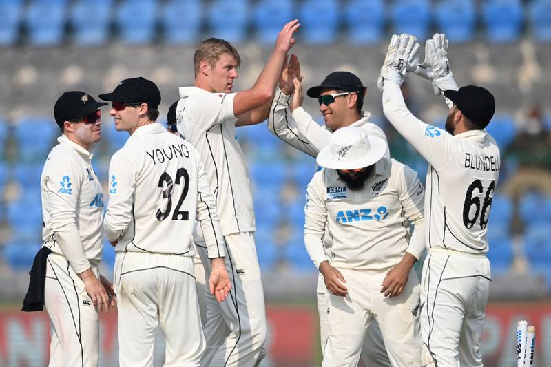 New Zealand's Kyle Jamieson, third left, was the pick of the bowlers with three wickets. AFP