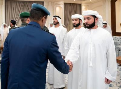 ABU DHABI, UNITED ARAB EMIRATES - November 20, 2019: HH Dr Sheikh Hazza bin Sultan bin Zayed Al Nahyan (R) receives mourners who are offering condolences on the passing of the late HH Sheikh Sultan bin Zayed Al Nahyan, at Al Mushrif Palace. Seen with HH Dr Sheikh Khaled bin Sultan bin Zayed Al Nahyan (2nd R) and HH Sheikh Nahyan Bin Zayed Al Nahyan, Chairman of the Board of Trustees of Zayed bin Sultan Al Nahyan Charitable and Humanitarian Foundation (3rd R).

( Eissa Al Hammadi for the Ministry of Presidential Affairs )
---