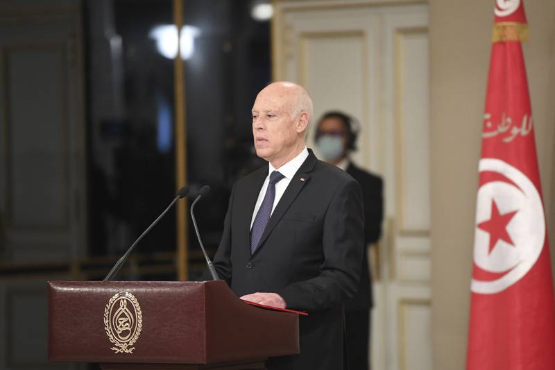 Tunisian President Kais Saied at the swearing-in ceremony of the new government on Monday in Tunis. AP