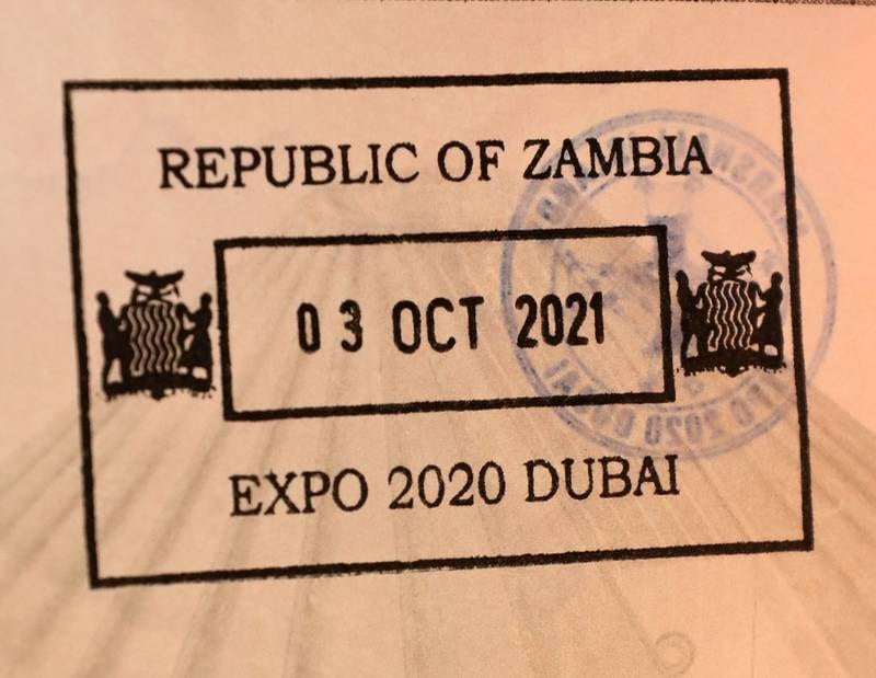 Passport stamp for the pavilion of Zambia on the 5th day of Expo 2020, Dubai.